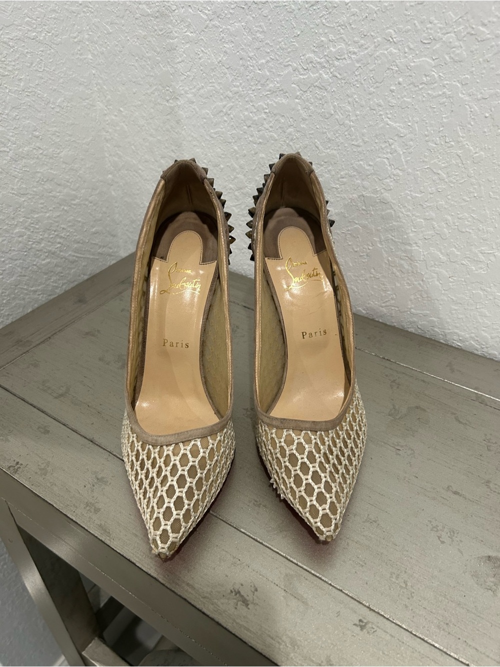 Christian Louboutin Beige Net-Overlay Pumps with studs on the back. Size 42